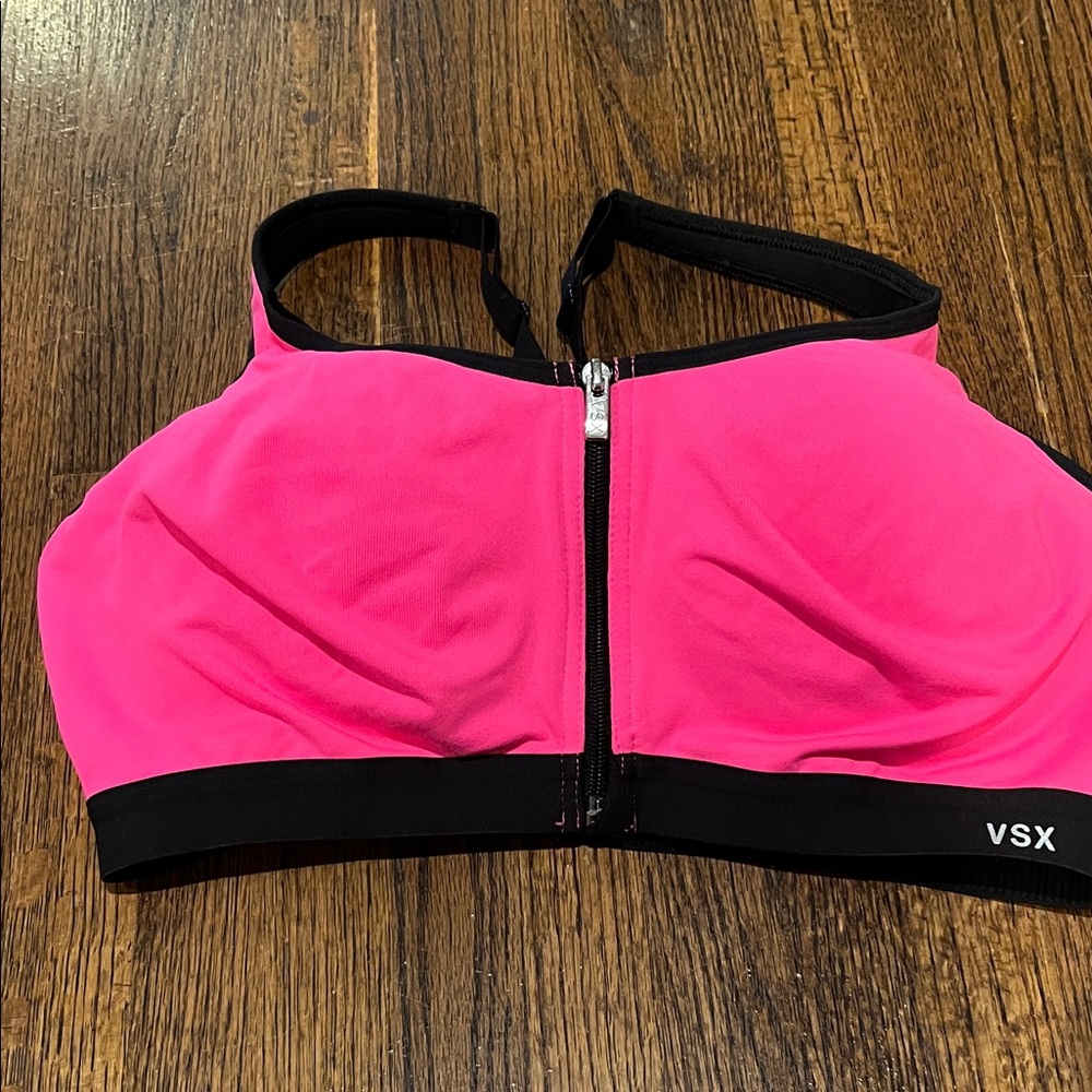 VSX Neon Pink Front-Zip Sports Bra with Black Trim